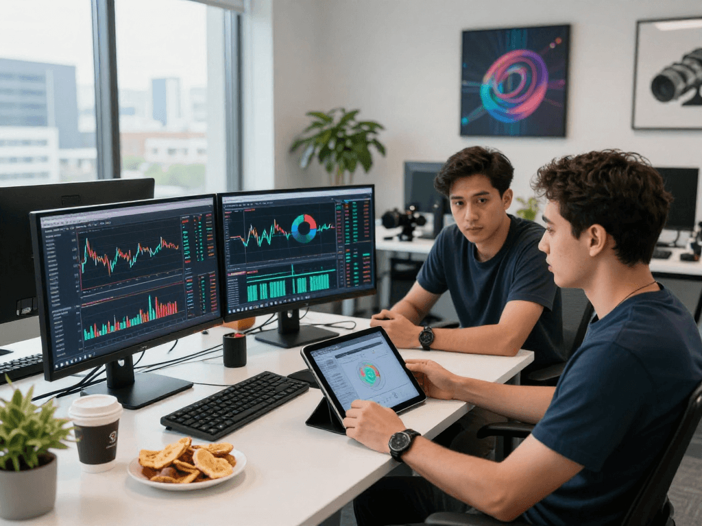 Tornardocash cryptocurrency traders analyzing market data in a modern office setting.