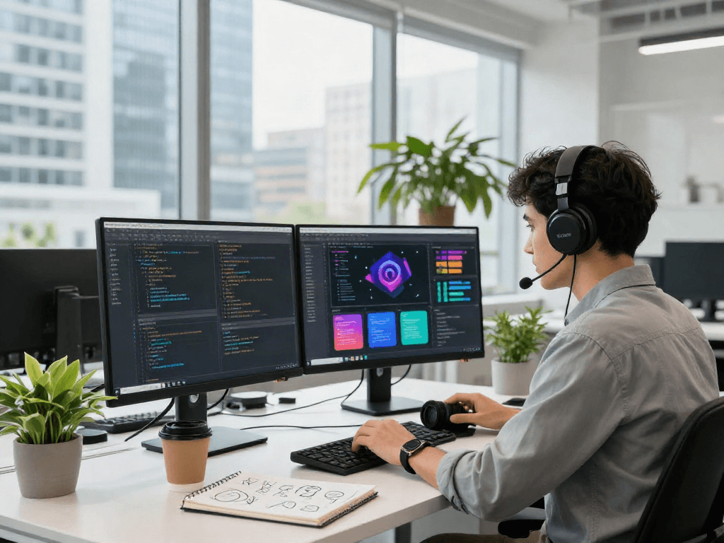 Focused professional working on a spotify mod app in a bright tech workspace