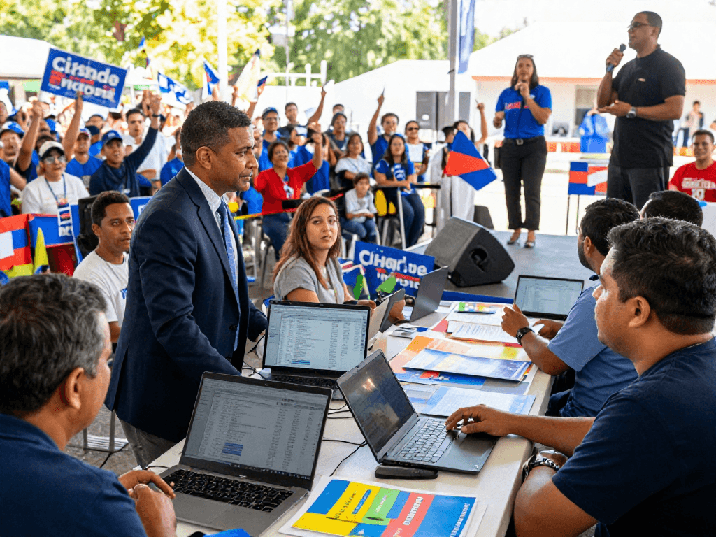 Political reputation management in dynamic campaign setting with volunteers and data analytics at a lively rally.