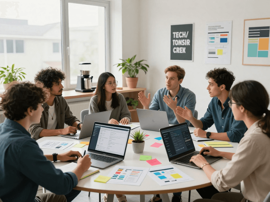 Team of developers collaborating on an AI software aggregator in a modern workspace.