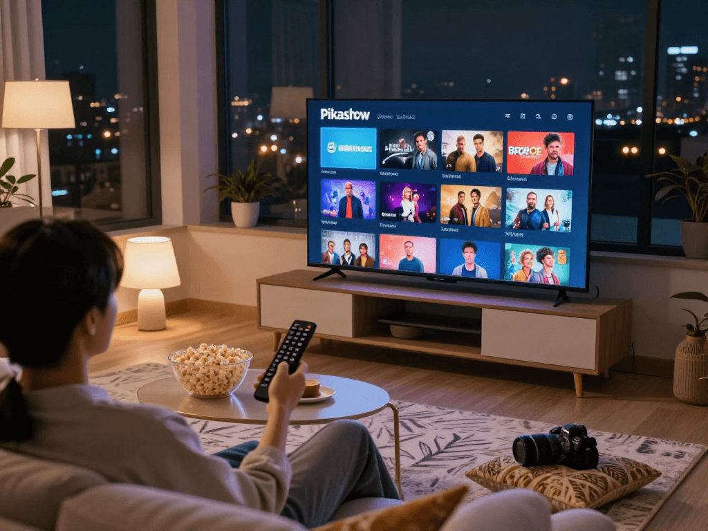 Pikashow streaming interface on TV in a cozy living room