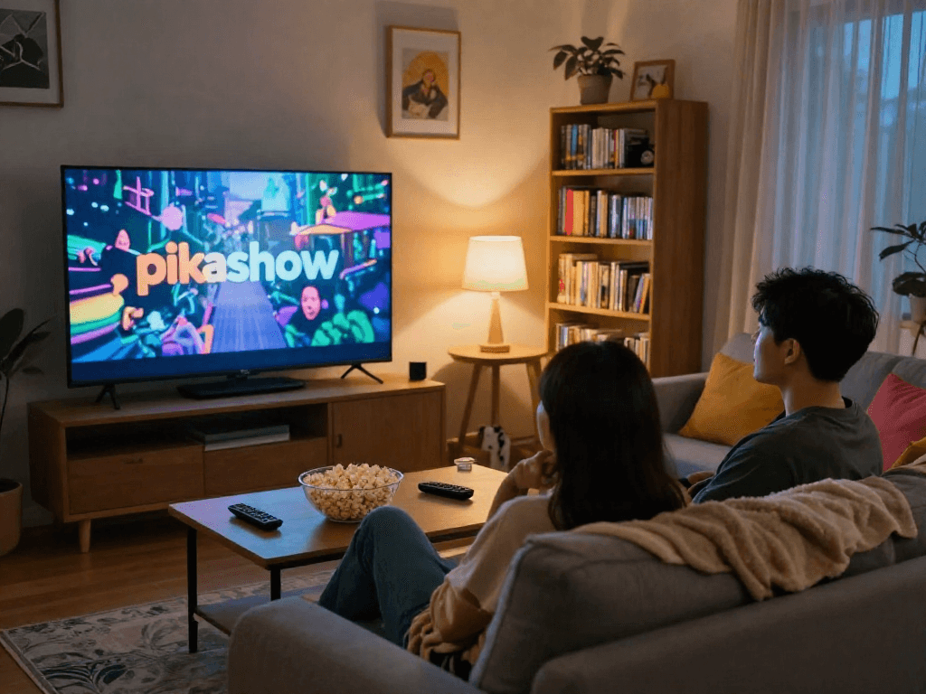Pikashow streaming logo showcased in a cozy living room with a couple enjoying a movie night.