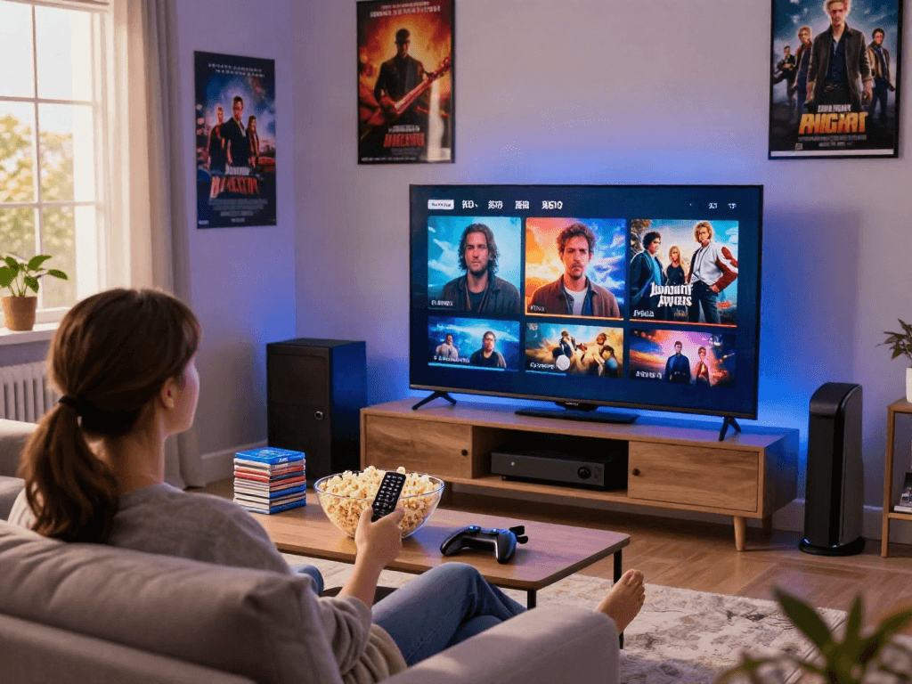 Viewer enjoying Pikashow in a cozy living room setting with smart TV, popcorn, and ambient lighting.