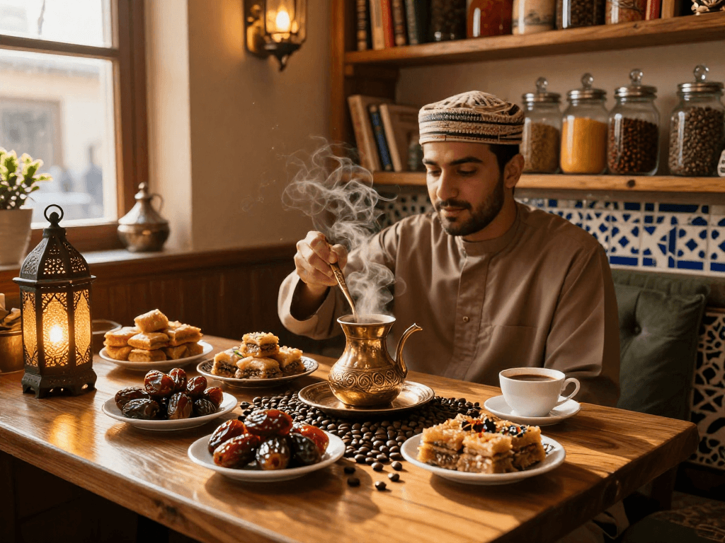 قهوجي يعد القهوة العربية في مقهى مريح مع الحلويات العربية