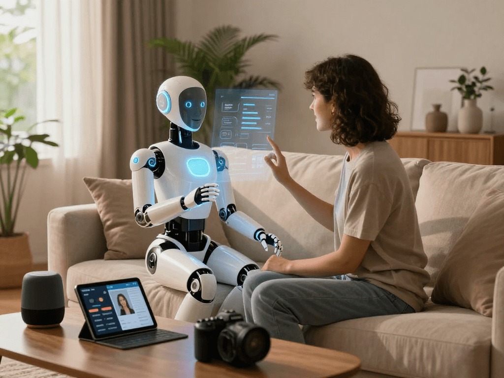 Person interacting with an advanced sex bot in a cozy modern living room.