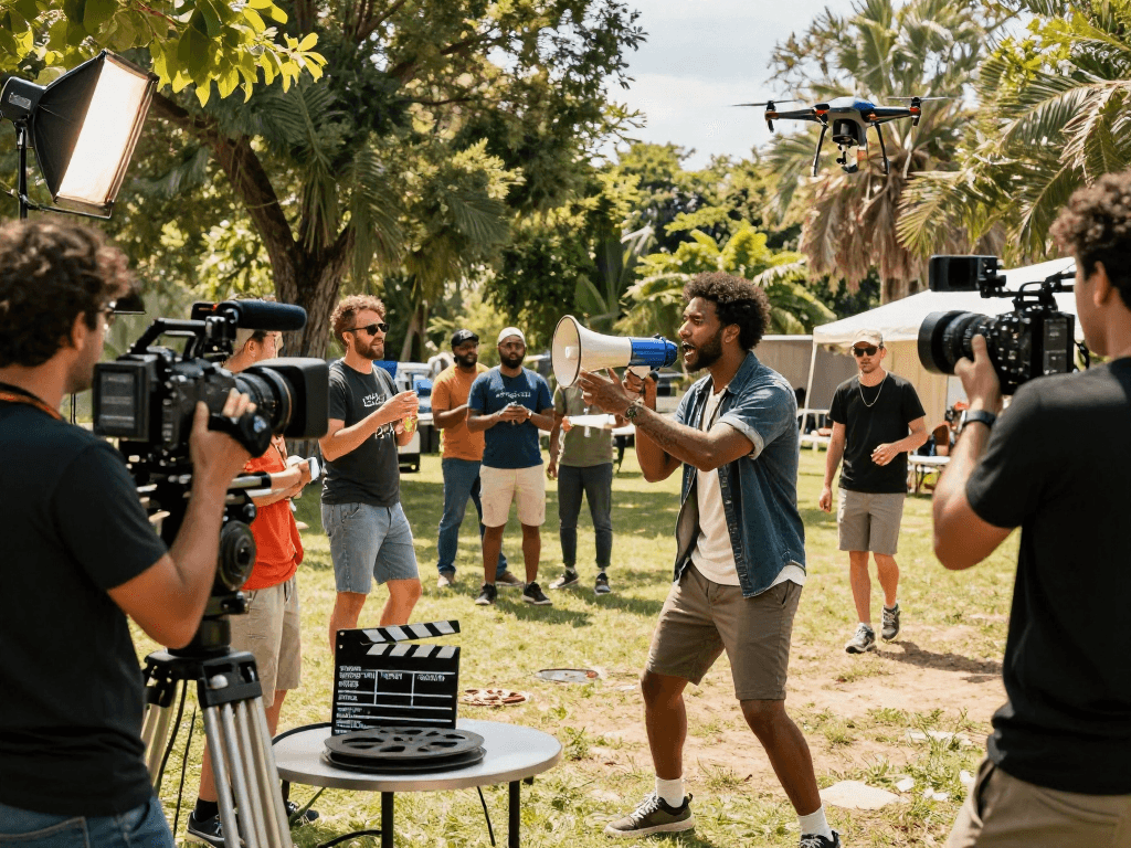 Filmyzilla filmmaker directing outdoor scene with diverse cast and crew in an engaging film set atmosphere.