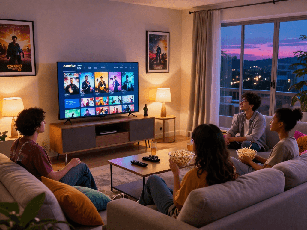 Enjoying cocoflix streaming on a cozy living room sofa with friends, popcorn, and ambient lighting.