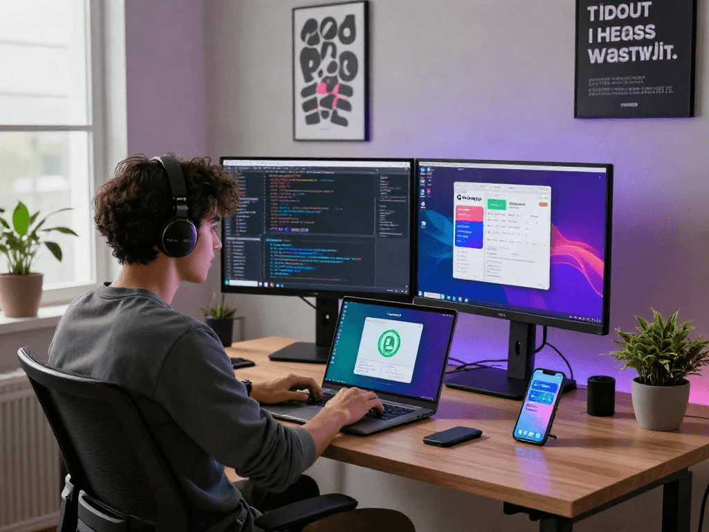 Developer using GB WhatsApp in a modern tech workspace, showcasing productivity and innovation.