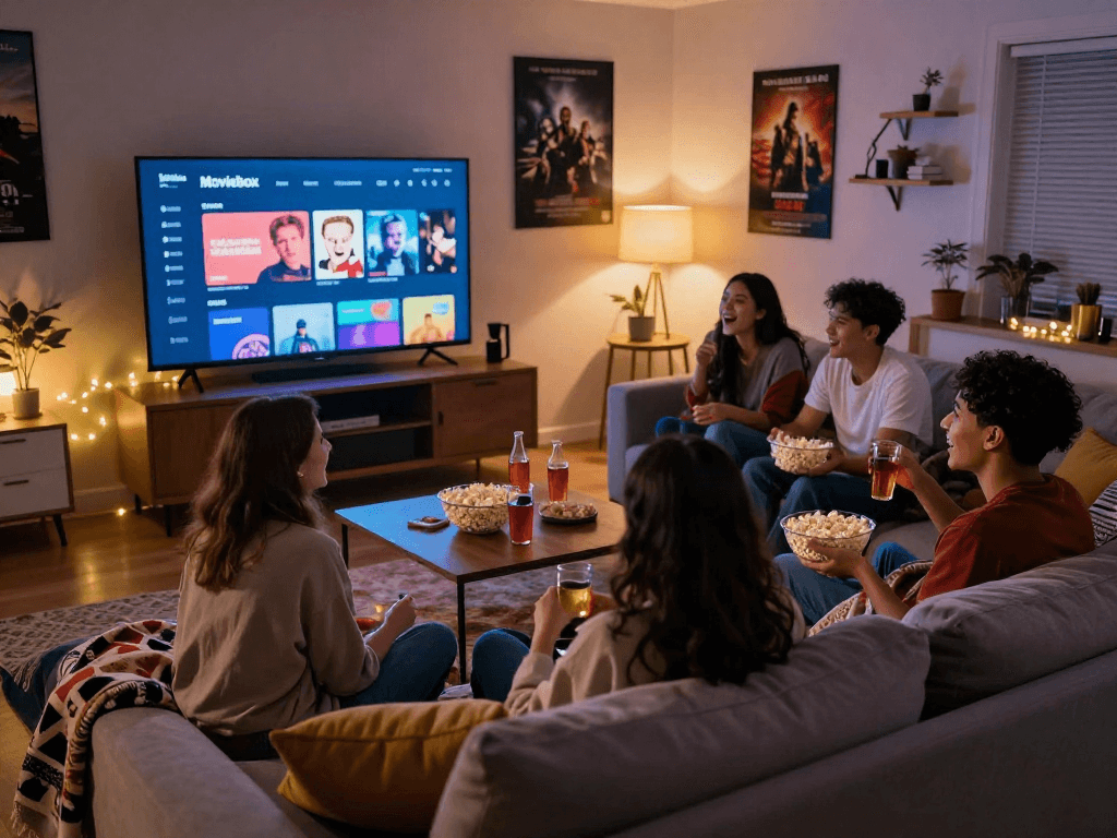 Friends enjoying a movie night using the Moviebox app in a cozy living room setting