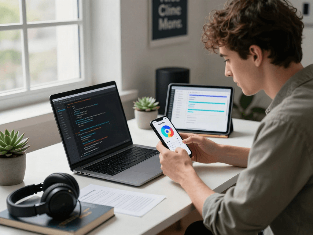 Developer testing the Pikashow APK on smartphone in a vibrant workspace.