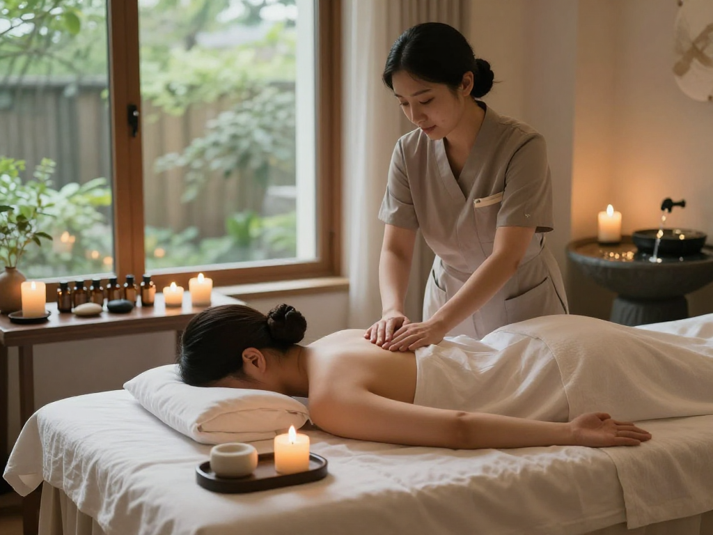 Relaxiing 강남출장마사지 session in a serene wellness spa environment.