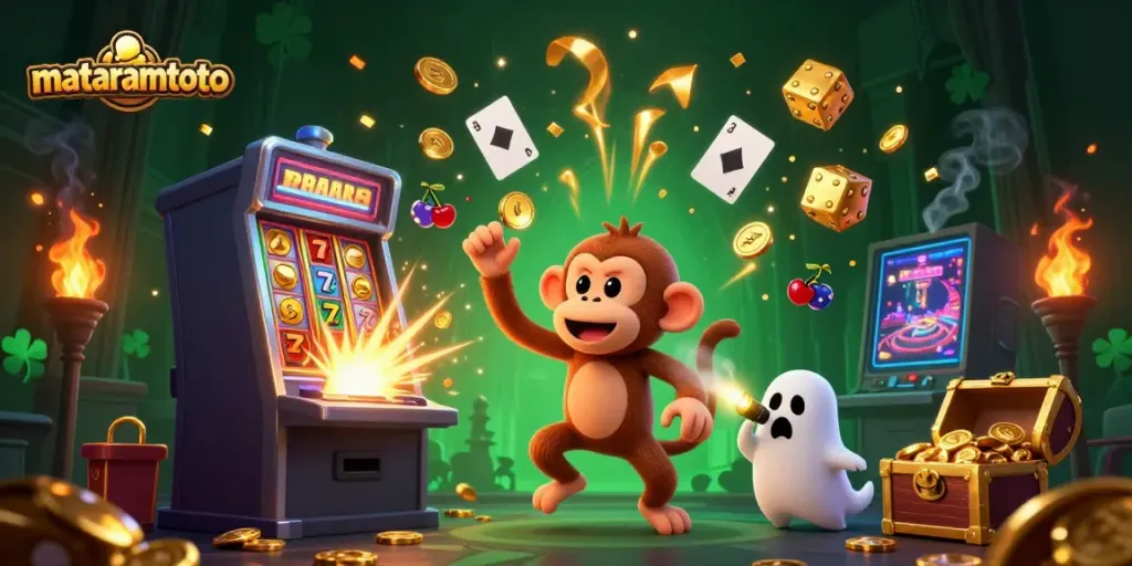 Experience jackpot excitement with mataramtoto as golden coins and whimsical characters fill a haunted casino.