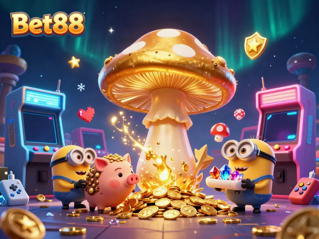 Experience Bet88's vibrant gaming atmosphere with golden wizard and treasure-hunting pig in a magical setting.