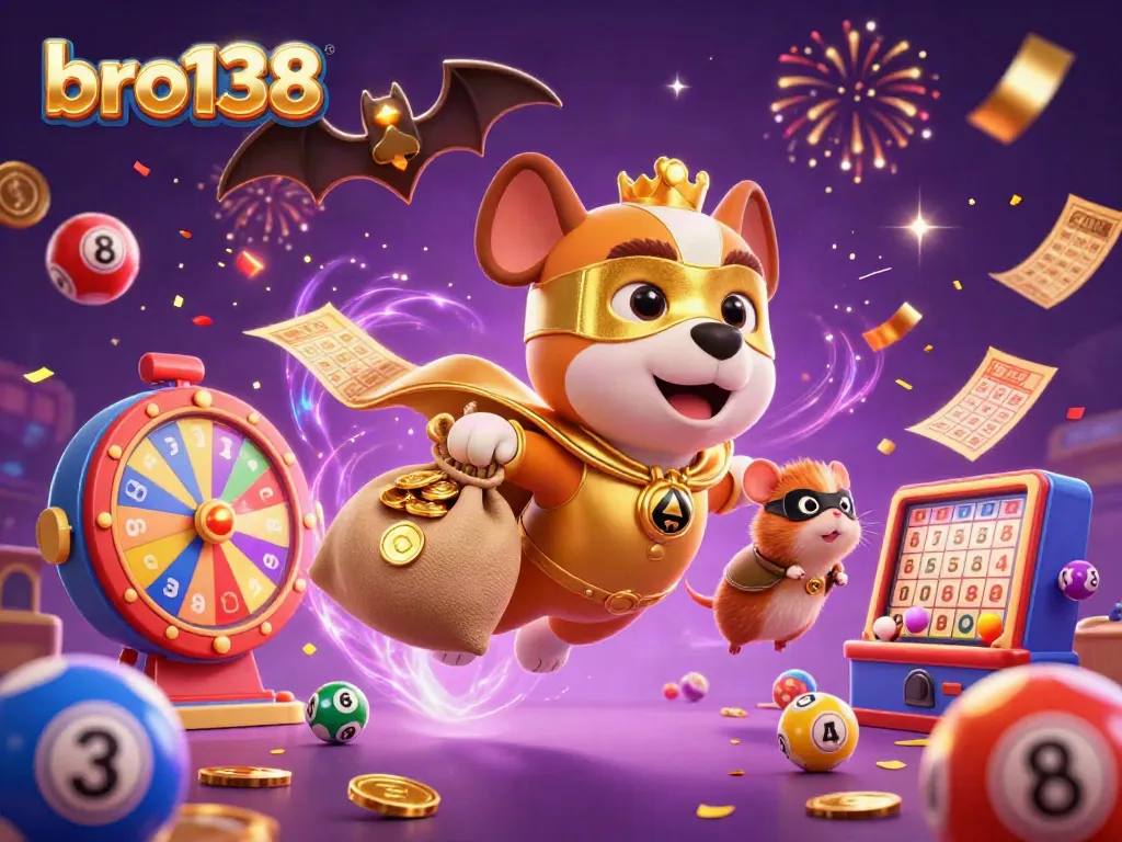 Celebrate winning moments with bro138 in a vibrant casino scene featuring a heroic dog and hamster.