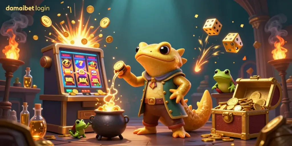 Experience the damaibet login action with golden alchemists and vibrant casino elements in a 3D illustration.