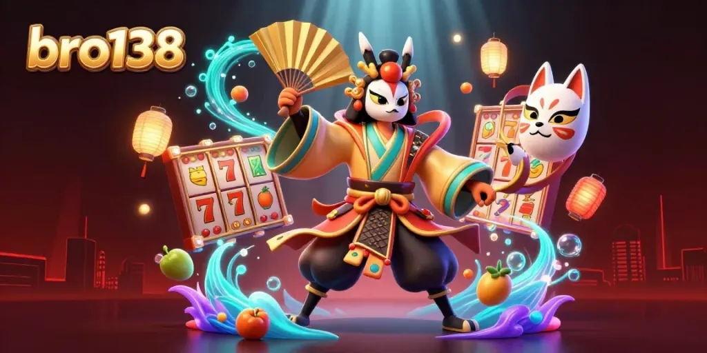 Experience the thrill with bro138's vibrant 3D illustration of kabuki warrior and gaming elements.