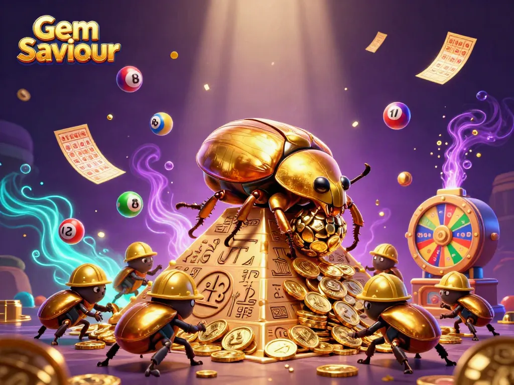 Roll the Gem Saviour to victory with colorful lottery balls in a vibrant casino environment.