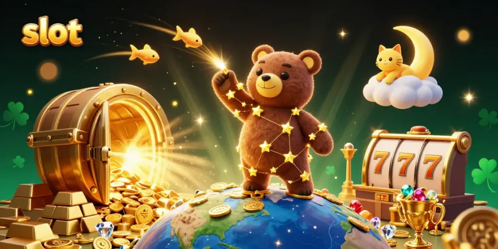 Mainkan slot dengan beragam simbol berkilau dan karakter imut dalam ilustrasi ceria.