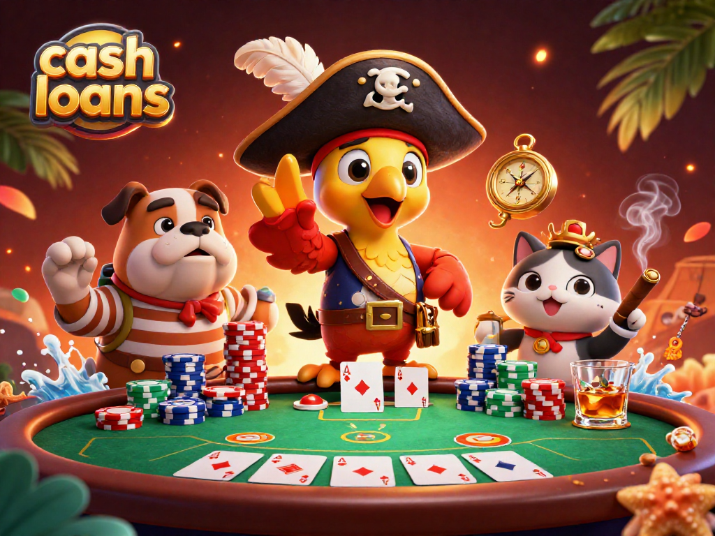 Experience cash loans with vibrant colorful poker action in a dynamic 3D cartoon casino scene.