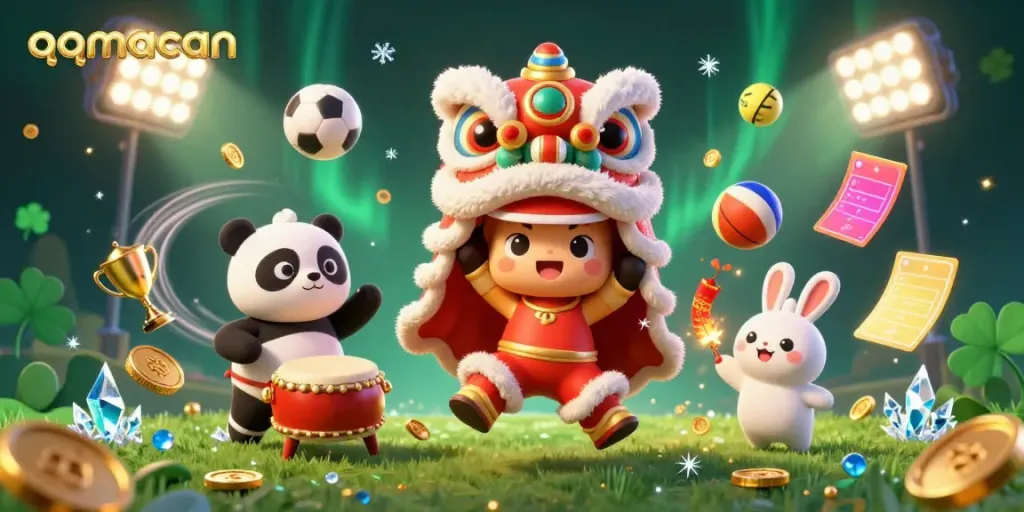 Experience the excitement of qqmacan with a lion dance, sports elements, and vibrant casino visuals.