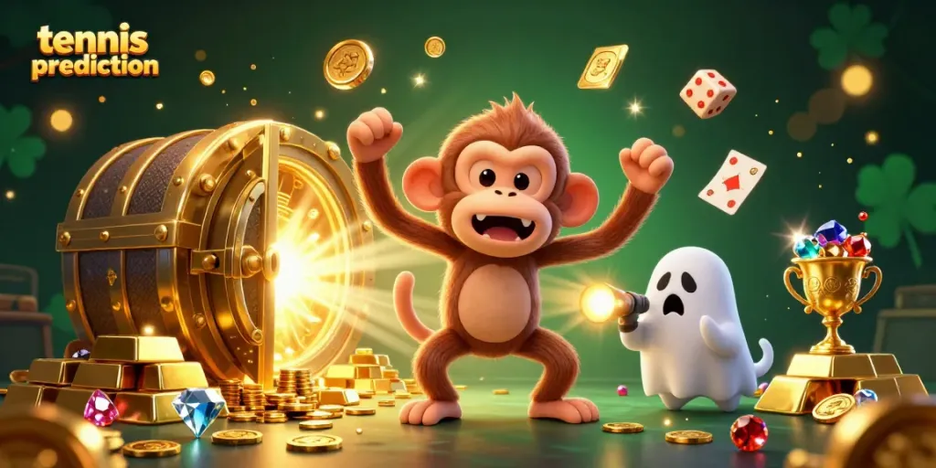 Tennis prediction enhances your betting strategies with a playful monkey juggling golden casino elements.
