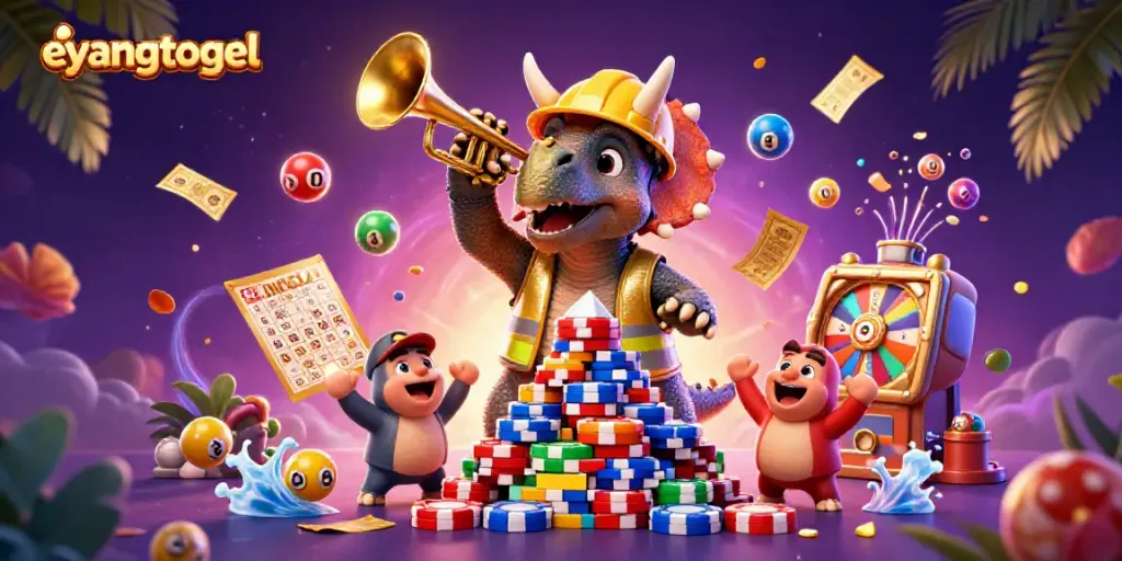 Bet on eyangtogel with a lively scene of cheerful dinosaurs celebrating a gaming triumph.