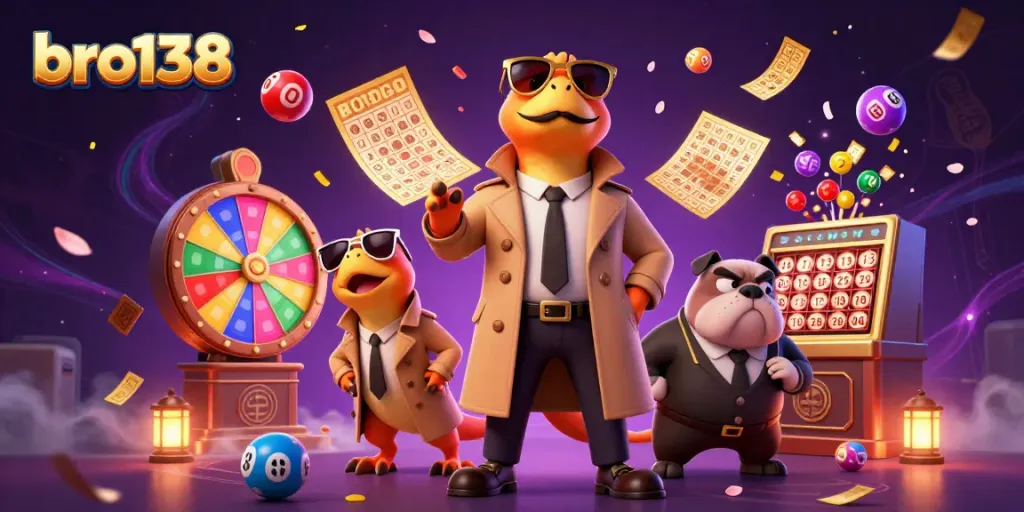 Experience excitement at bro138 with game elements and playful characters in a dynamic 3D casino scene.