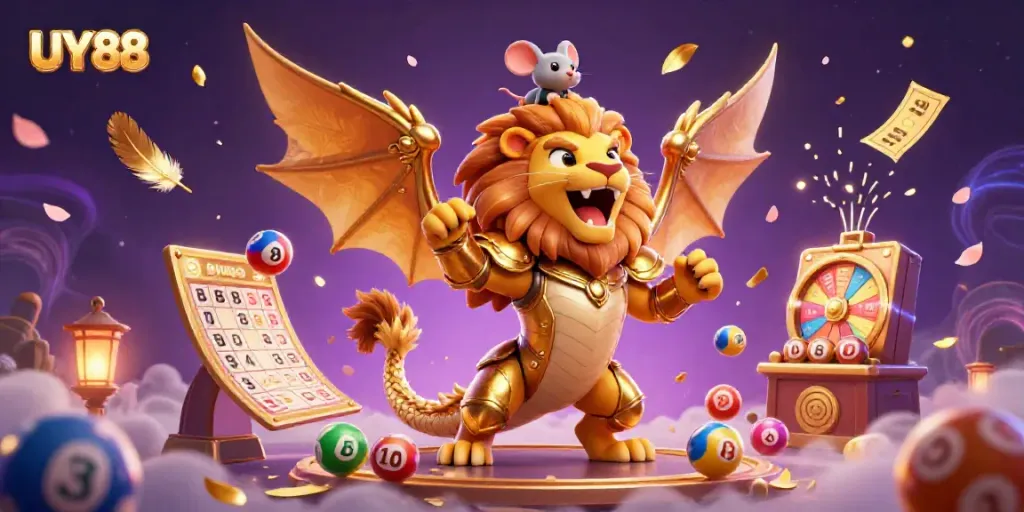 Experience the thrill with UY88, featuring a vibrant casino scene filled with lottery elements and a heroic chimera.