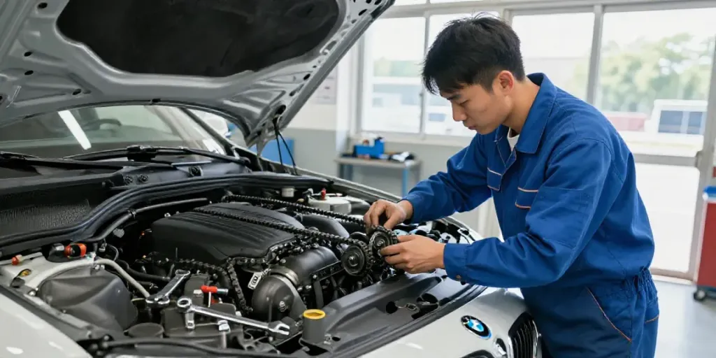 bmw steuerkette wechseln with a mechanic inspecting the engine in a garage.