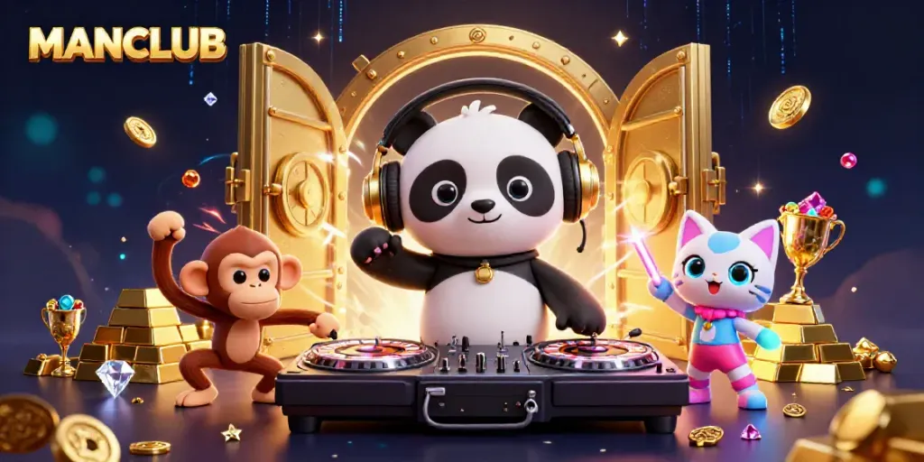 Experience the thrill of MANCLUB gaming with a lively 3D DJ panda and friends, surrounded by treasures.