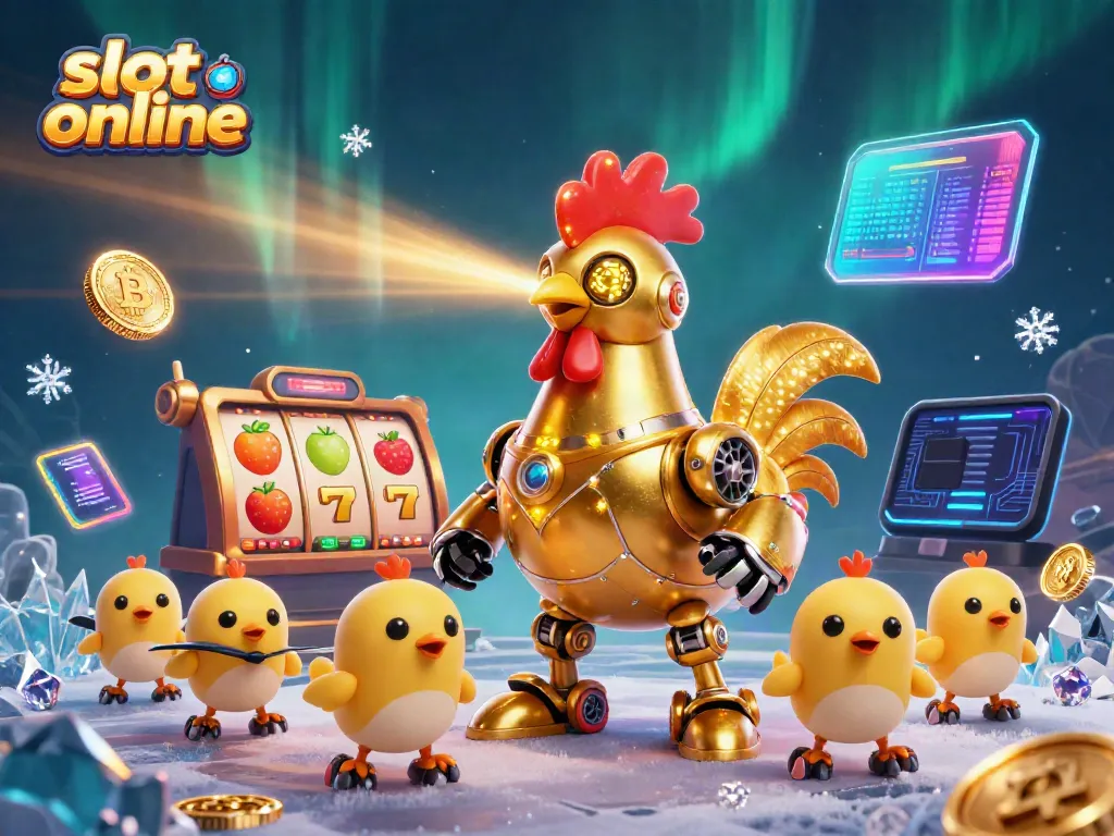 Play exciting slot online games with vibrant themes and dynamic 3D visuals featuring a golden rooster robot.
