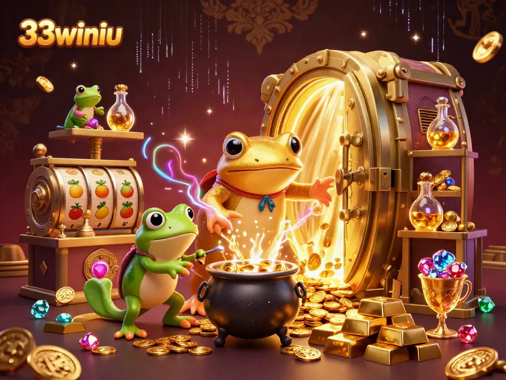 Experience the magic of 33winiu with golden coins and exciting slots in a vibrant 3D casino scene.