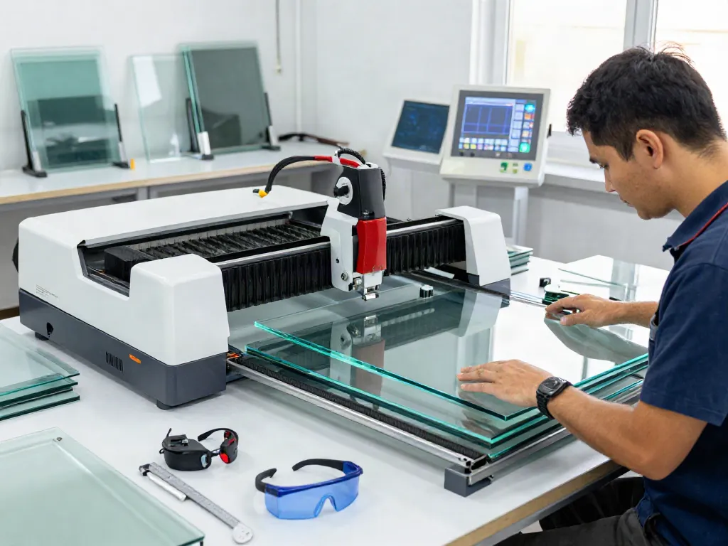 Glass cutting machine supplier demonstrating precision glass processing with expert technicians in a modern workshop.