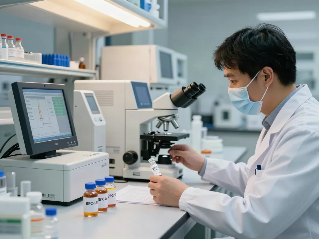 Buy BPC-157 online: Research scientist analyzing BPC-157 peptide purity in a modern laboratory.