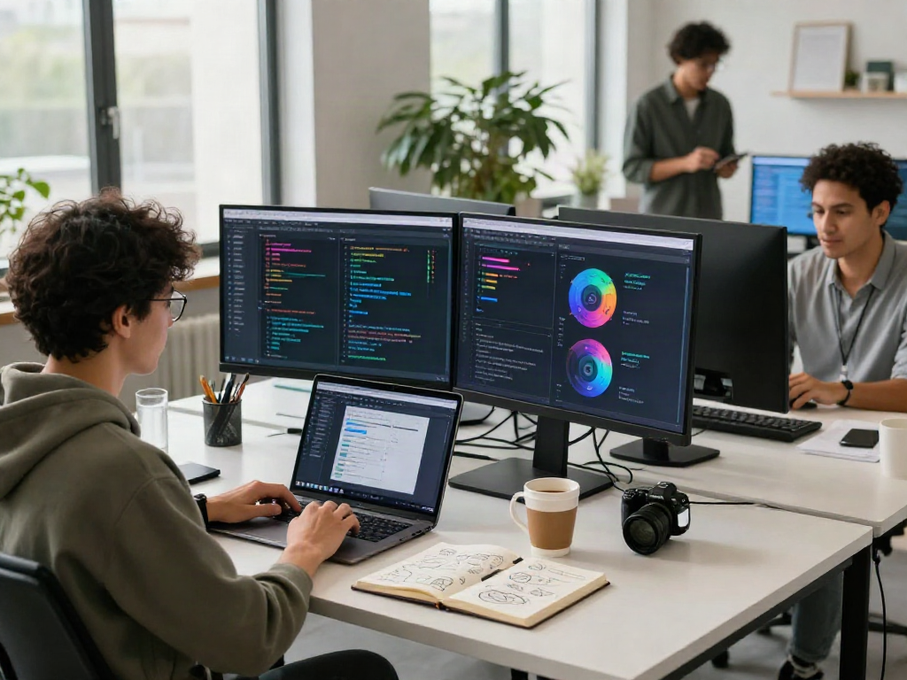 AI agent development in a modern workspace with screens displaying intelligent interfaces and collaborative teamwork.