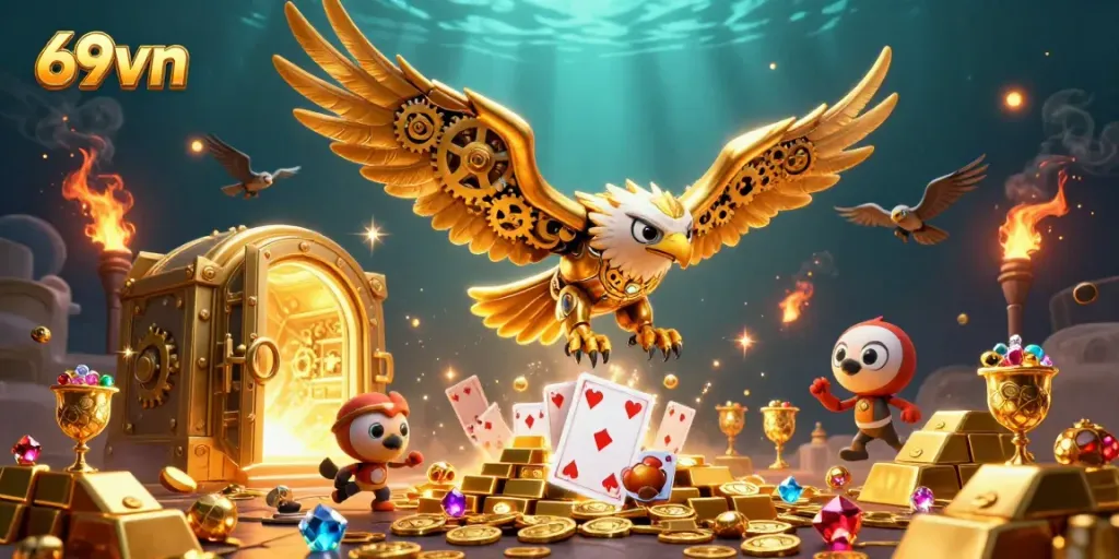 Join the excitement of 69vn with golden eagle soaring through playing cards and treasure.