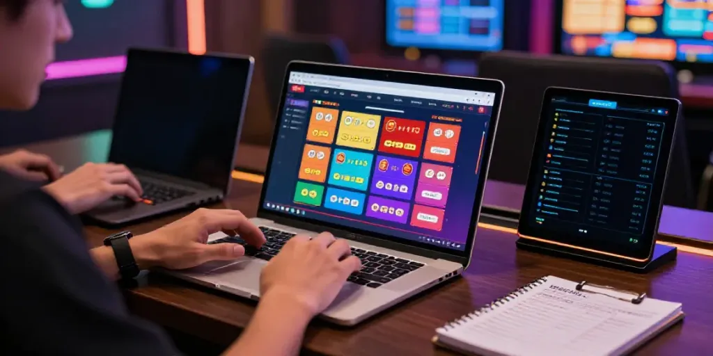 Engaging in situs togel betting with a laptop and smartphone in a vibrant digital setting.