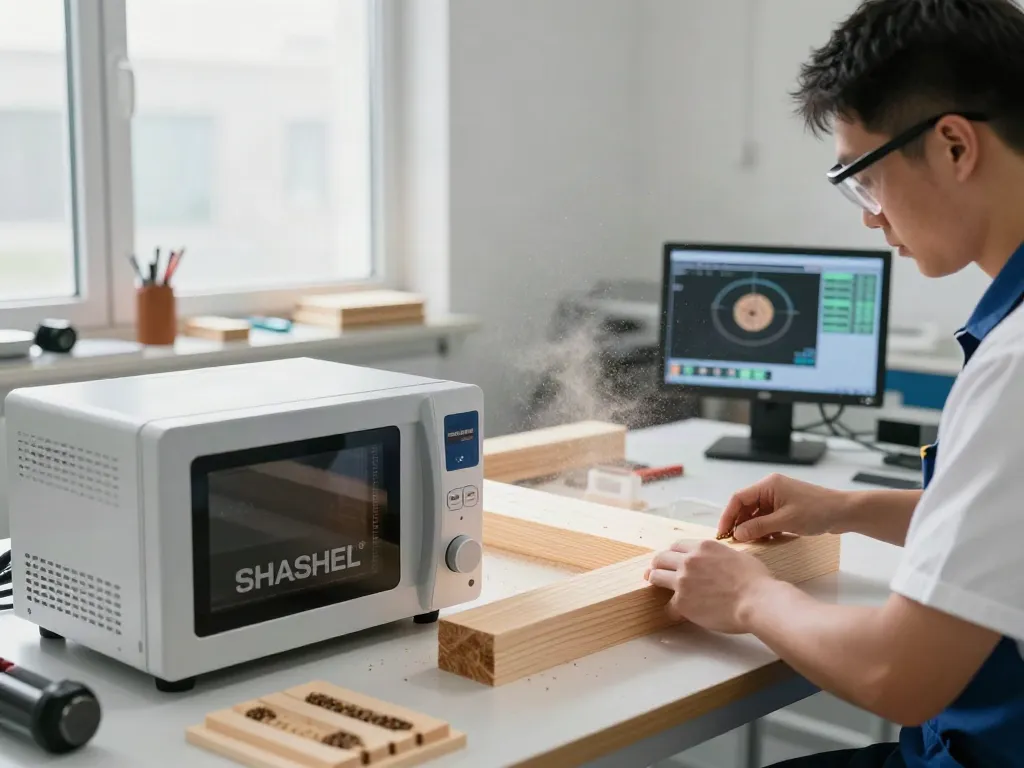 SHASHEL® technician using microwave technology for woodworm elimination in a modern workshop.