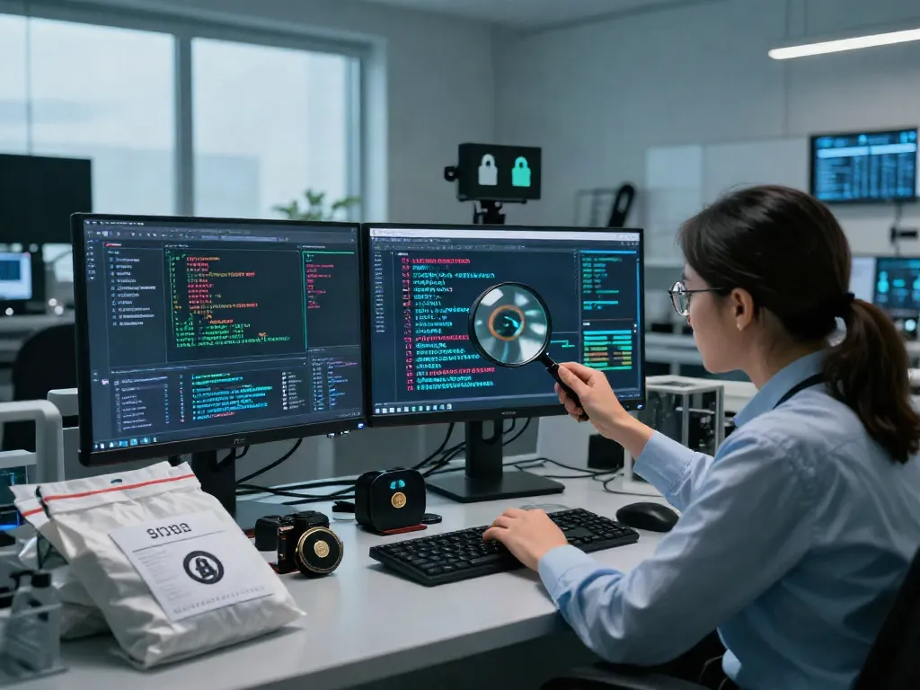Cryptocurrency investigation in a modern forensic lab analyzing blockchain data for critical insights.