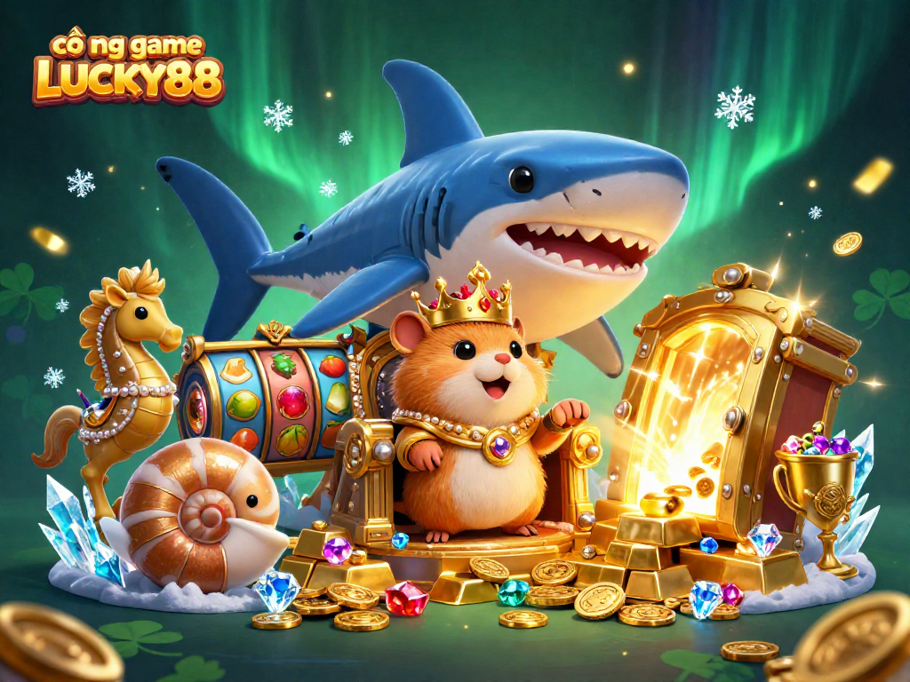 Spin the reels at cổng game LUCKY88 with the fierce golden hamster king in a vibrant treasure scene.