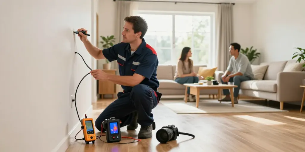 Leak Detection & Repair Sydney, technician using acoustic equipment to find water leaks in a modern home.