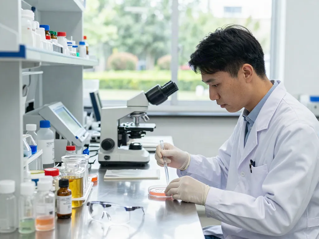 Scientist researching GHK-Cu peptide benefits in a bright lab