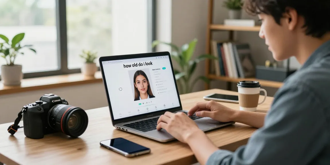 Person analyzing how old do I look with an AI age estimator on a laptop in a modern home office