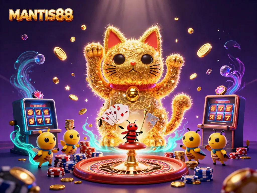 MANTIS88 showcases a vibrant illustration of a lucky cat formed by fireflies, surrounded by casino elements.