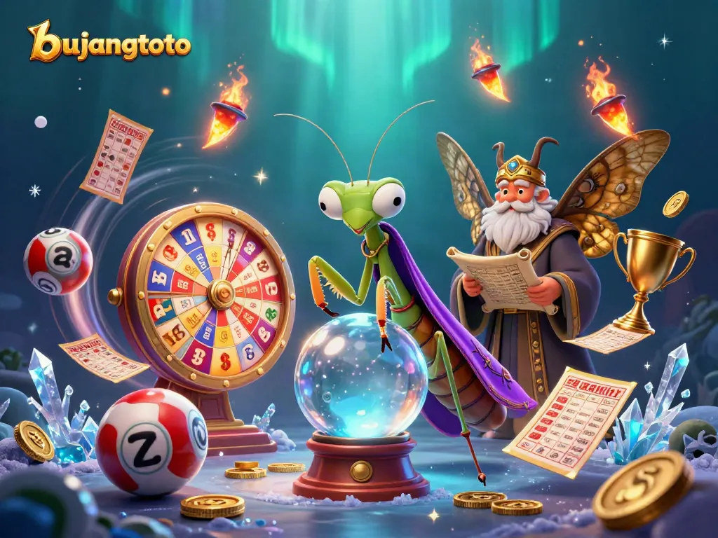 Engage with bujangtoto's enchanting cartoon scene of a fortune teller, lottery elements, and vibrant magical details.