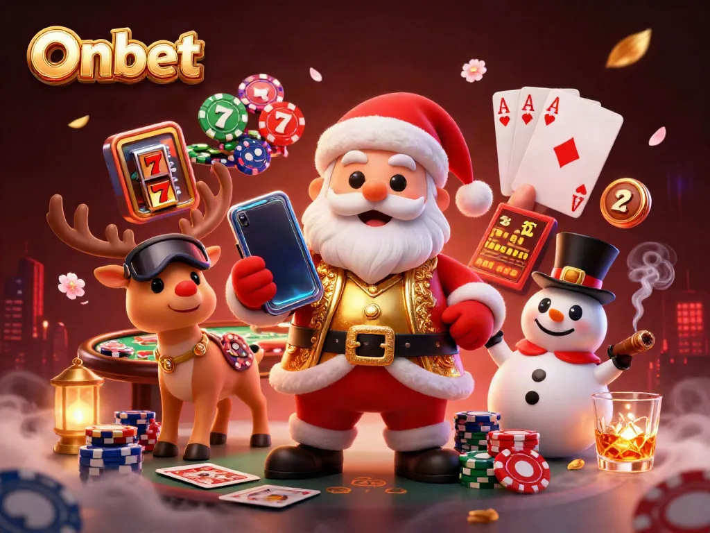 Spin the jackpot slots with Onbet at this vibrant 3D casino action scene featuring Santa and friends.