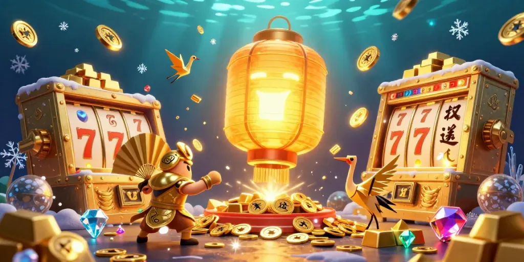 Slot gacor dengan elemen keberuntungan berkilau mendominasi ilustrasi kasino malam yang meriah.