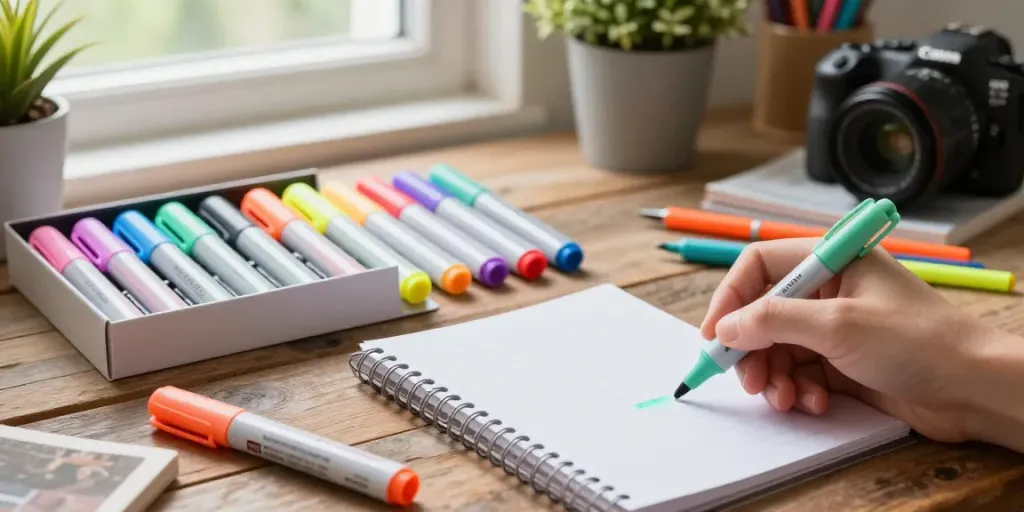 Highlighter pen supplier showcasing vibrant highlighters on a rustic desk with stationery.