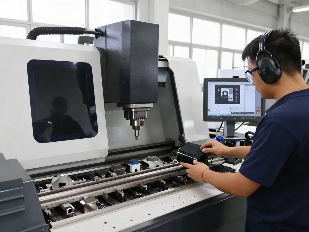 CNC machining parts manufacturer work environment with skilled machinists operating advanced CNC machinery.