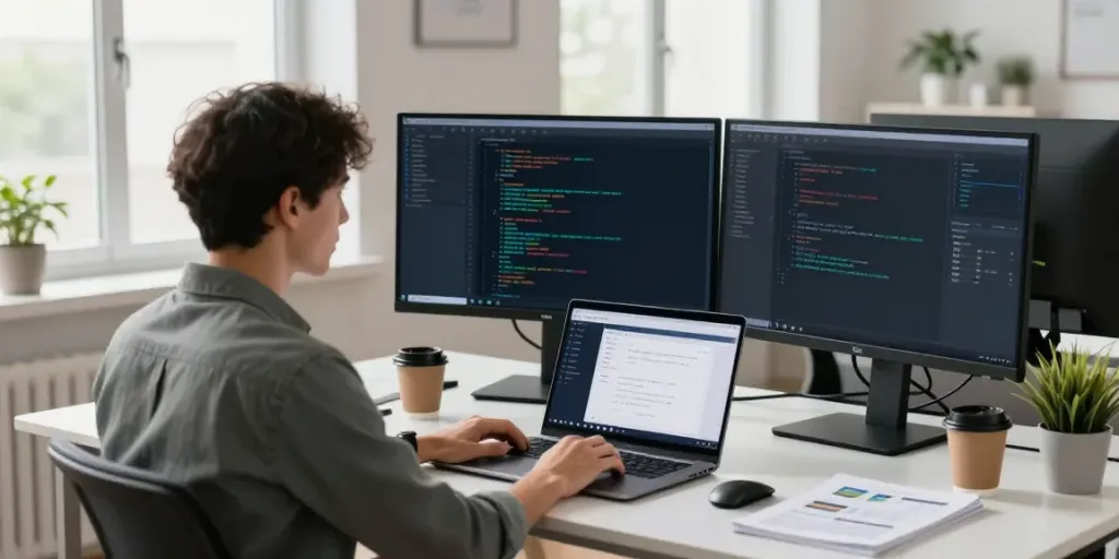 快连 network acceleration solutions in a modern tech workspace with dual monitors and natural lighting.